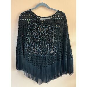 Vintage 90s Black Macramé Iridescent Bead Fringe Poncho Top Boho Festival